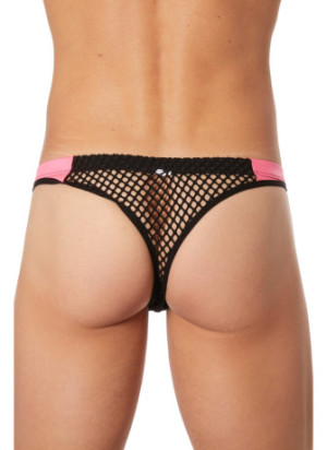 String noir filet avec bandes simili cuir roses - LM911-57MBKM